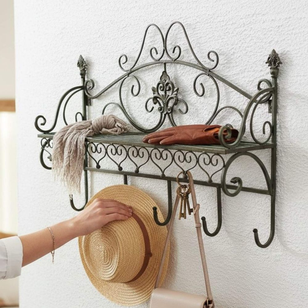 DanDiBo Wall Coat Rack with Shelf 60 cm Antique Metal Coat Rack Rail Hanging Coat Rack Hooks Malega 12205 Vintage