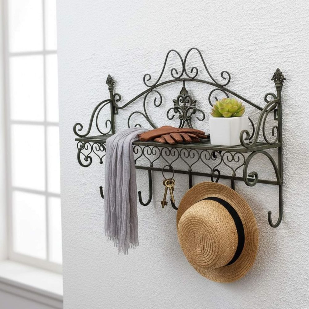 DanDiBo Wall Coat Rack with Shelf 60 cm Antique Metal Coat Rack Rail Hanging Coat Rack Hooks Malega 12205 Vintage