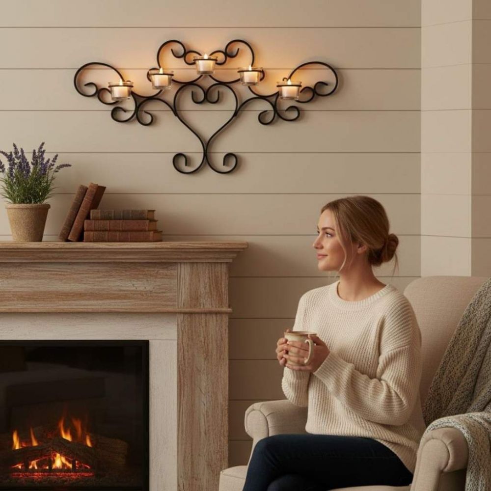 DanDiBo Wandteelichthalter Metall Schwarz Teelichthalter Wand Wandkerzenhalter 63 cm Palace Kerzenhalter Teelicht