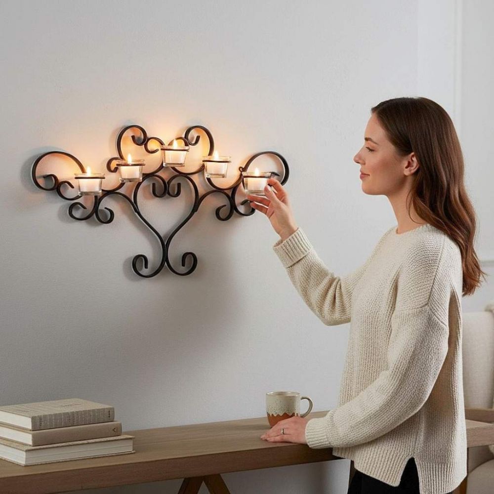 DanDiBo Wandteelichthalter Metall Schwarz Teelichthalter Wand Wandkerzenhalter 63 cm Palace Kerzenhalter Teelicht