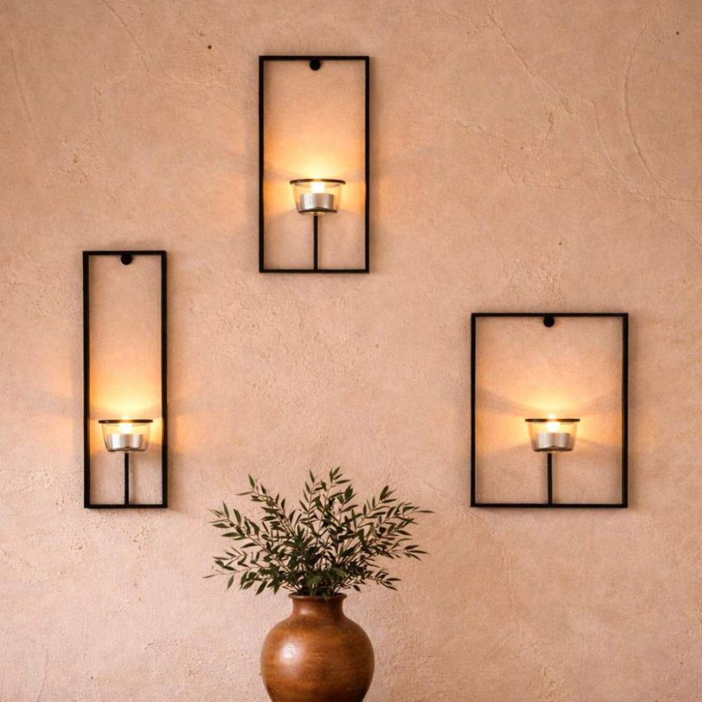 DanDiBo Wall Tealight Holder Metal Black Carre Set of 3 Wall Candle Holder Tealight Holder Wall Mounted Candle Holder