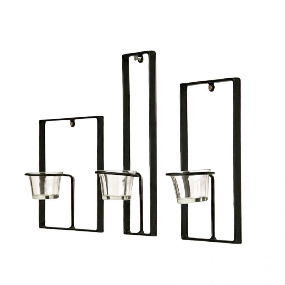 DanDiBo Wall Tealight Holder Metal Black Carre Set of 3 Wall Candle Holder Tealight Holder Wall Mounted Candle Holder