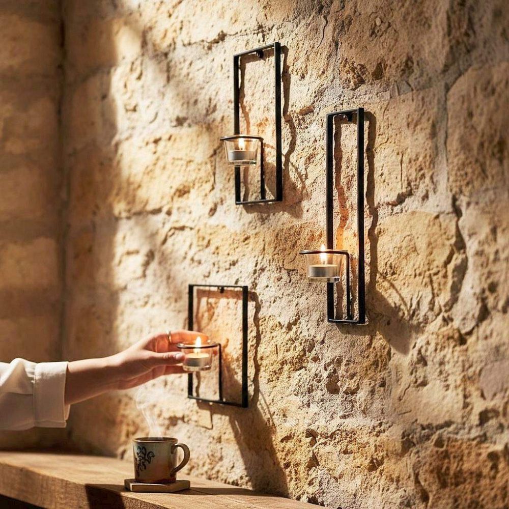 DanDiBo Wall Tealight Holder Metal Black Carre Set of 3 Wall Candle Holder Tealight Holder Wall Mounted Candle Holder