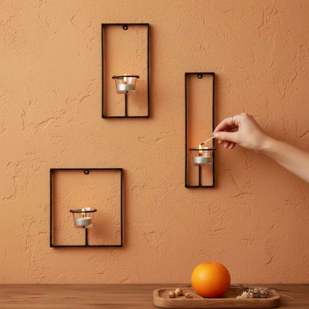 DanDiBo Wall Tealight Holder Metal Black Carre Set of 3 Wall Candle Holder Tealight Holder Wall Mounted Candle Holder