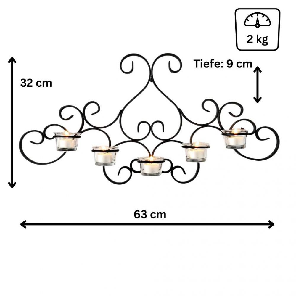 DanDiBo Wall Tealight Holder Metal Black Palace Wall Candle Holder 63 cm Tealight Holder Wall Mounted Candle Holder