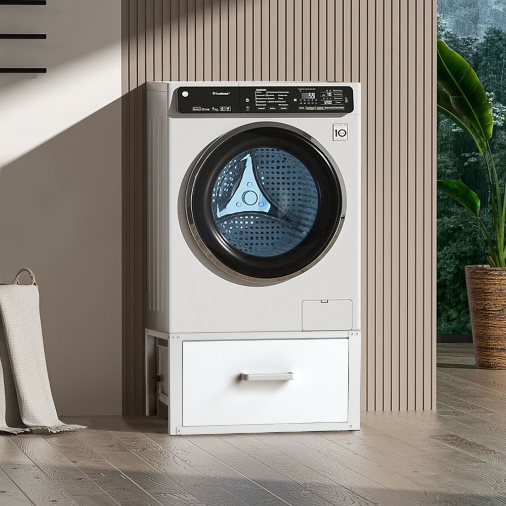 DanDiBo Washing machine base with drawer Metal White 96502 Washing machine base Washing machine pedestal Raised pedestal Modern Rubberised