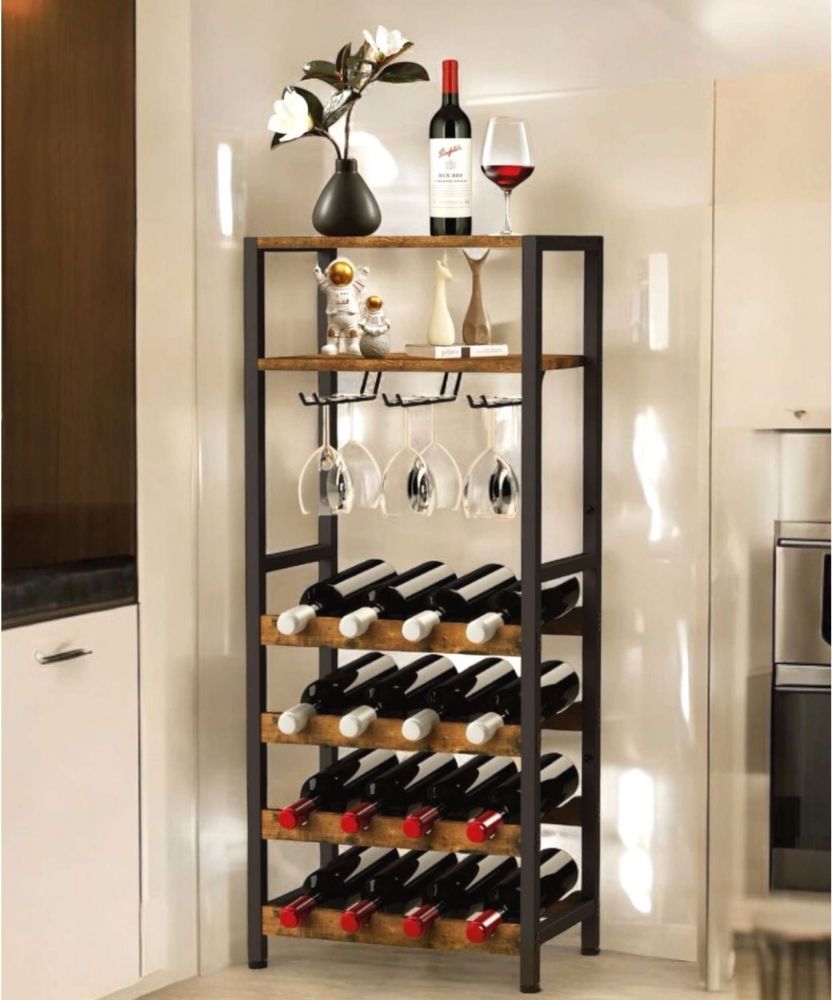 DanDiBo Wine Rack Metal Black Standing with Glass Holder 100 cm 96575 Bottle Rack Bottle Stand Bottle Holder Modern