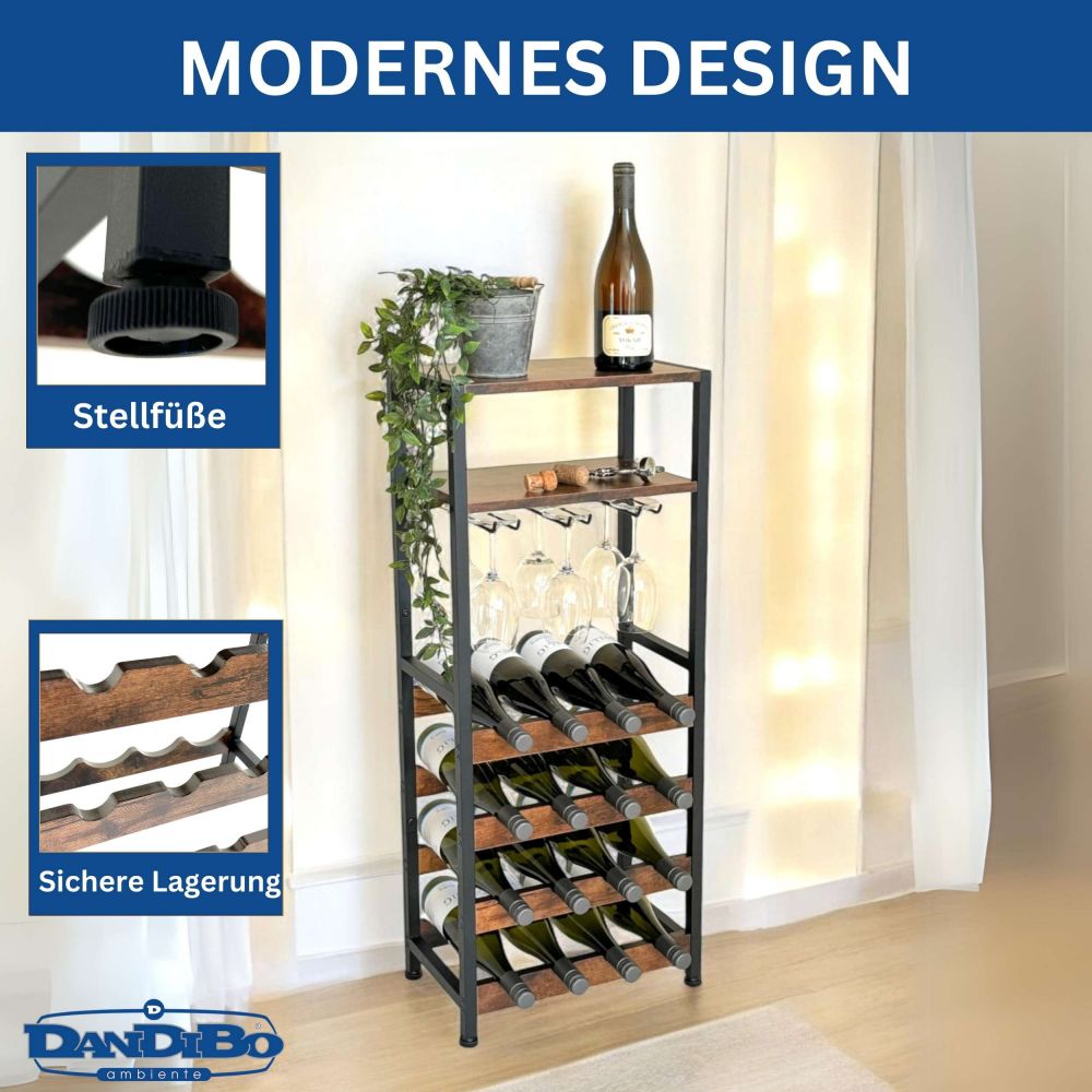 DanDiBo Wine Rack Metal Black Standing with Glass Holder 100 cm 96575 Bottle Rack Bottle Stand Bottle Holder Modern