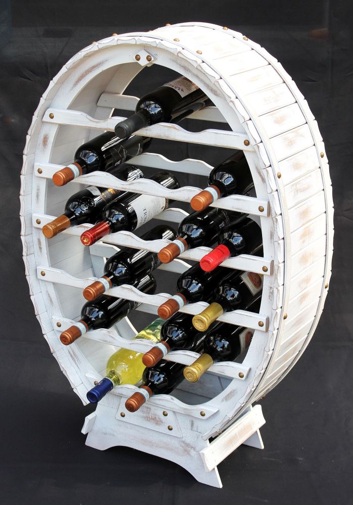 Weinregal Weiss Weinfass aus Holz für 24 Flaschen Vintage Shabby Chic Landhaus Bar Flaschenständer stehend Weinständer Fass