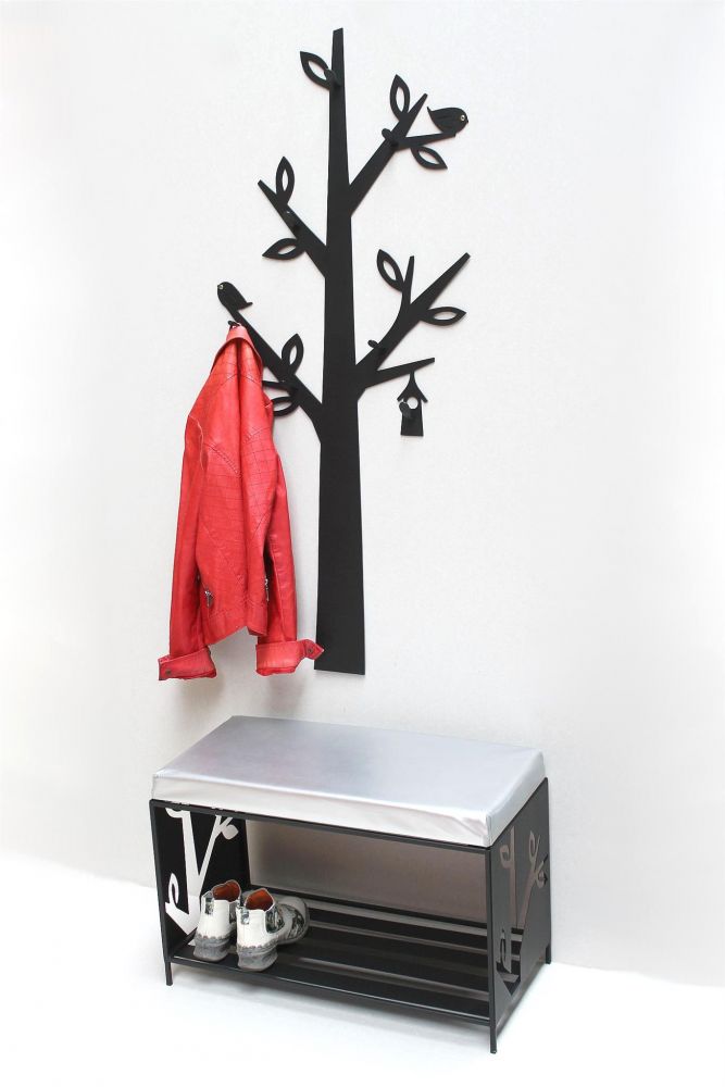 Schuhregal mit Sitzfläche Wandgarderobe Set Baum Metall ...