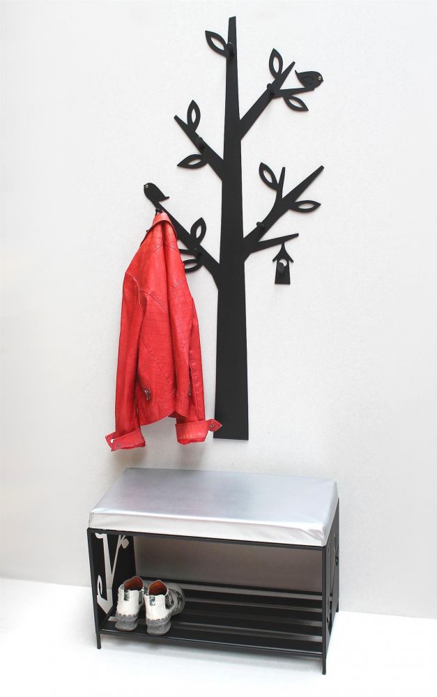 Schuhregal mit Sitzfläche Wandgarderobe Set Baum Metall ...