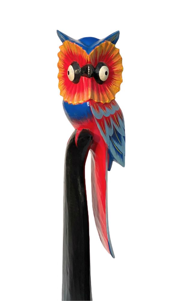 DanDiBo Deko Figur Eule Nr.2 Vogel aus Holz Skulptur Rot Blau 80 cm Holzvogel Handgeschnitzt Stehend Tierfigur Schnitzskulptur