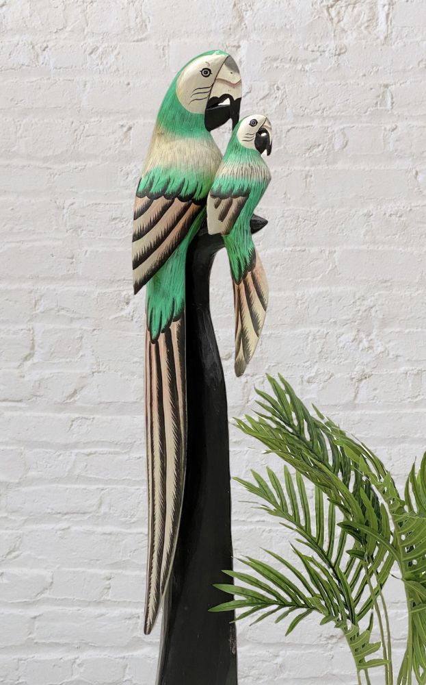 DanDiBo Deko Figur Papagei 2er Nr.34 Vogel aus Holz Skulptur Grün Creme 98 cm Holzvogel Handgeschnitzt Stehend Tierfigur Schnitzskulptur