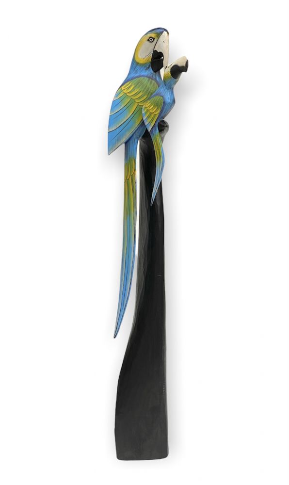 DanDiBo Deko Figur Papagei 2er Nr.36 Vogel aus Holz Skulptur Blau Gelb 98 cm Holzvogel Handgeschnitzt Stehend Tierfigur Schnitzskulptur