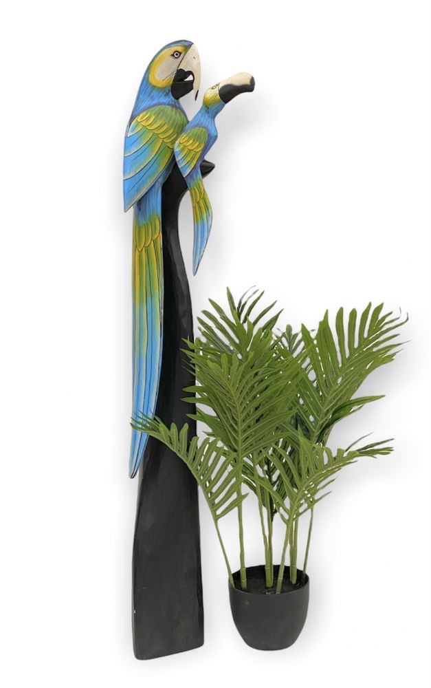DanDiBo Deko Figur Papagei 2er Nr.36 Vogel aus Holz Skulptur Blau Gelb 98 cm Holzvogel Handgeschnitzt Stehend Tierfigur Schnitzskulptur