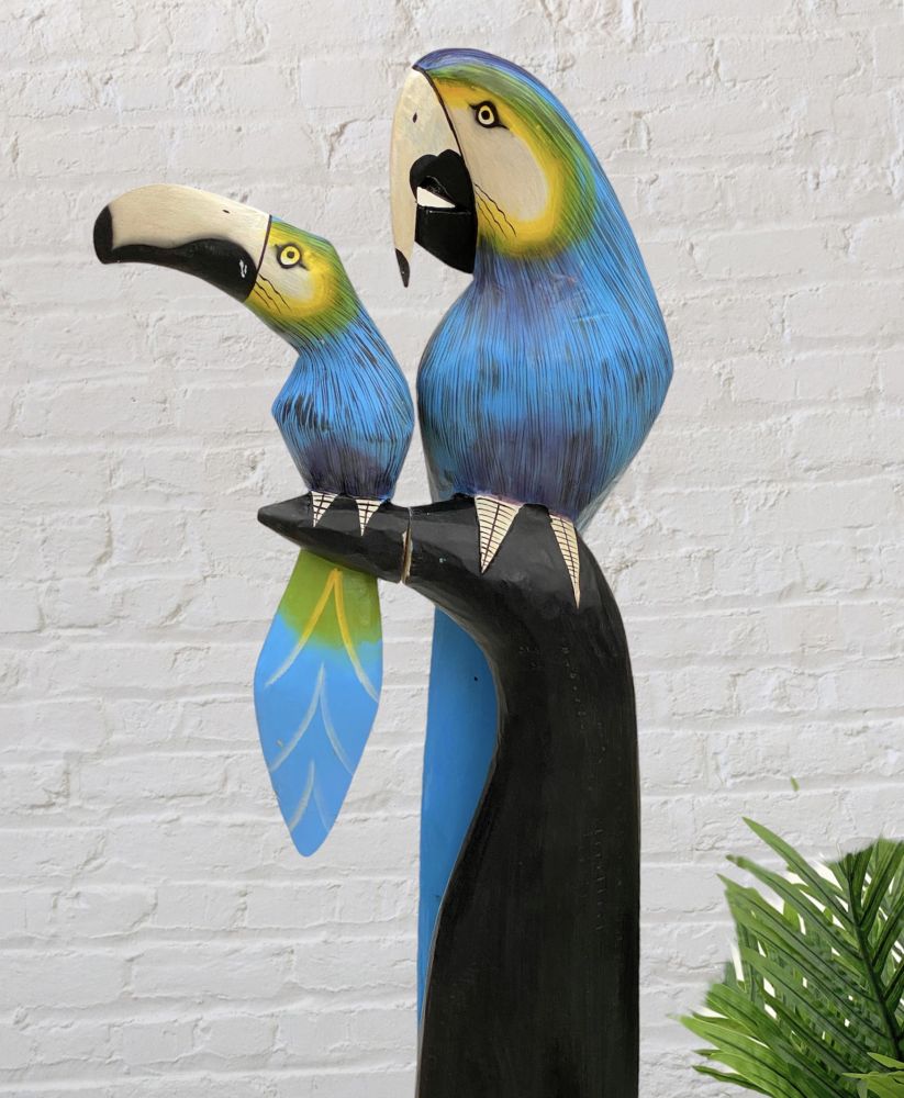 DanDiBo Deko Figur Papagei 2er Nr.36 Vogel aus Holz Skulptur Blau Gelb 98 cm Holzvogel Handgeschnitzt Stehend Tierfigur Schnitzskulptur