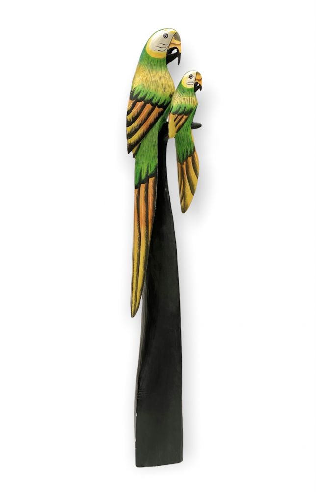 DanDiBo Deko Figur Papagei 2er Nr.41 Vogel aus Holz Skulptur Orange Grün 100 cm Holzvogel Handgeschnitzt Stehend Tierfigur Schnitzskulptur
