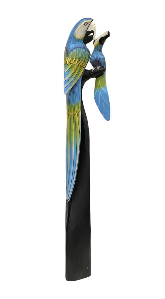 DanDiBo Deko Figur Papagei 2er Nr.45 Vogel aus Holz Skulptur Blau Gelb 98 cm Holzvogel Handgeschnitzt Stehend Tierfigur Schnitzskulptur