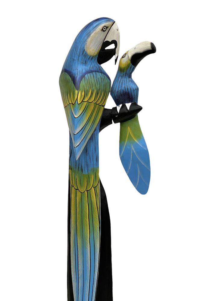 DanDiBo Deko Figur Papagei 2er Nr.45 Vogel aus Holz Skulptur Blau Gelb 98 cm Holzvogel Handgeschnitzt Stehend Tierfigur Schnitzskulptur