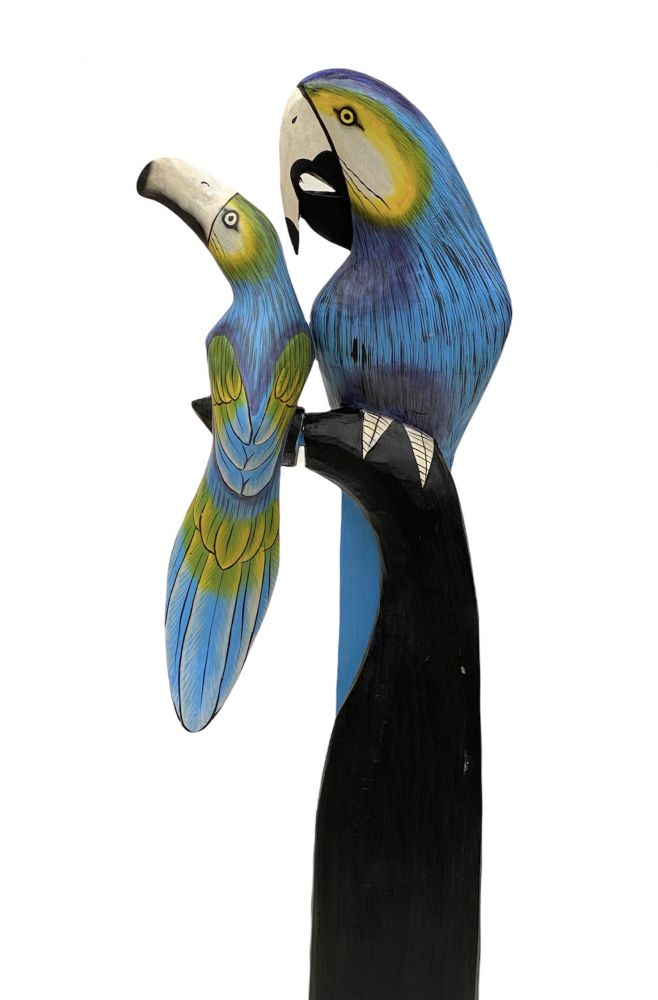 DanDiBo Deko Figur Papagei 2er Nr.45 Vogel aus Holz Skulptur Blau Gelb 98 cm Holzvogel Handgeschnitzt Stehend Tierfigur Schnitzskulptur