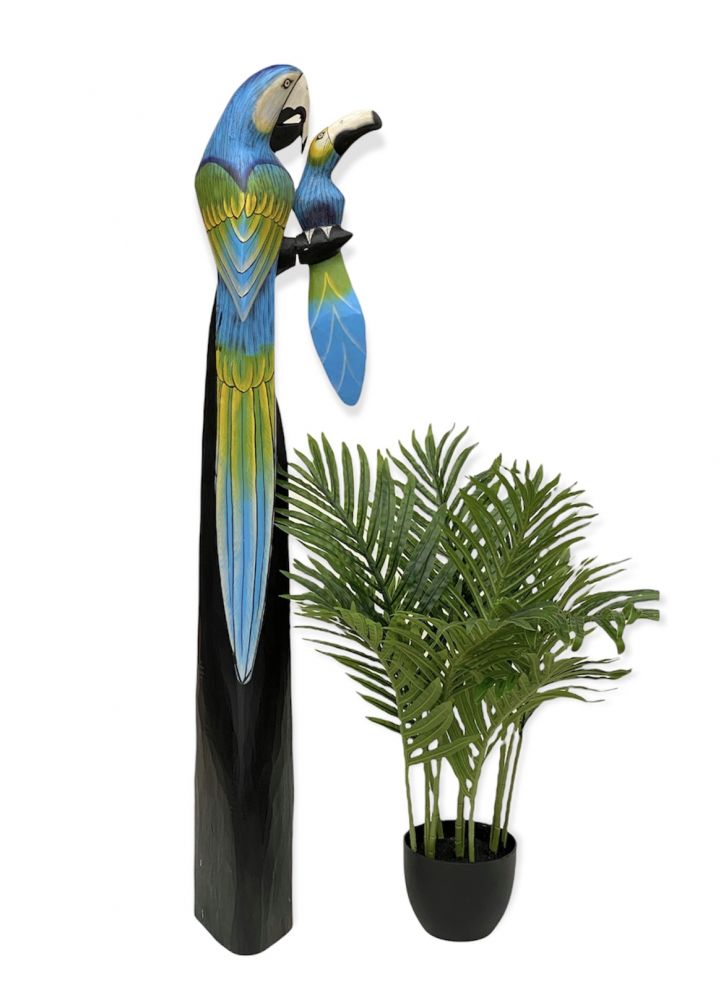 DanDiBo Deko Figur Papagei 2er Nr.45 Vogel aus Holz Skulptur Blau Gelb 98 cm Holzvogel Handgeschnitzt Stehend Tierfigur Schnitzskulptur