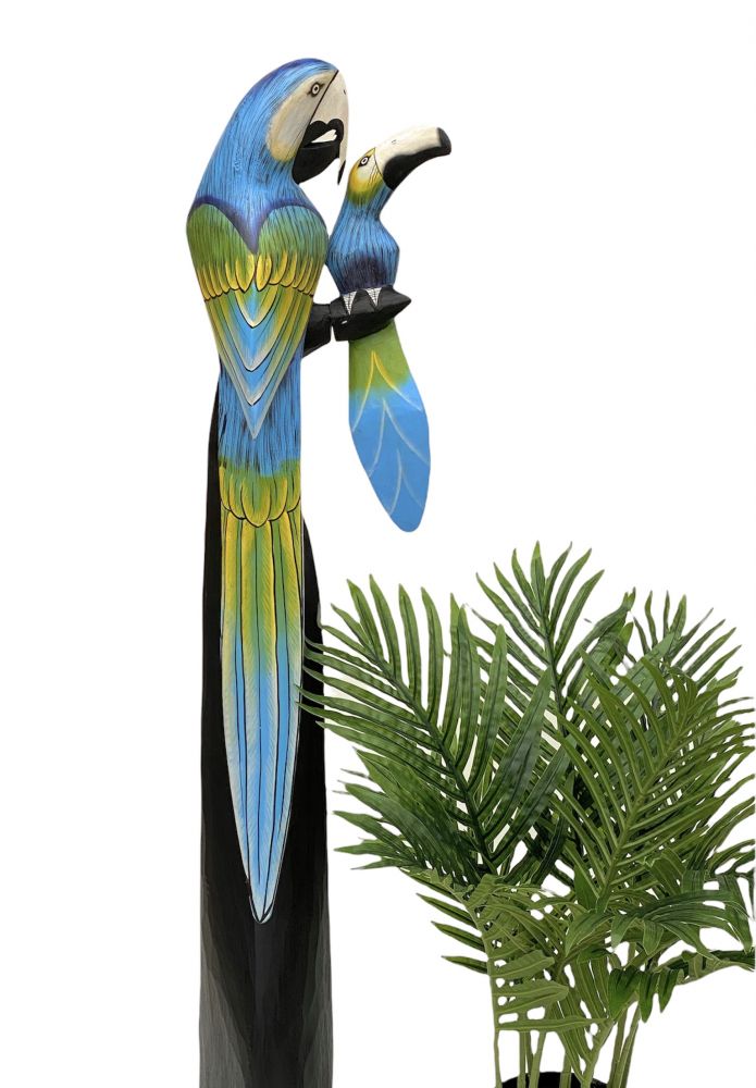 DanDiBo Deko Figur Papagei 2er Nr.45 Vogel aus Holz Skulptur Blau Gelb 98 cm Holzvogel Handgeschnitzt Stehend Tierfigur Schnitzskulptur