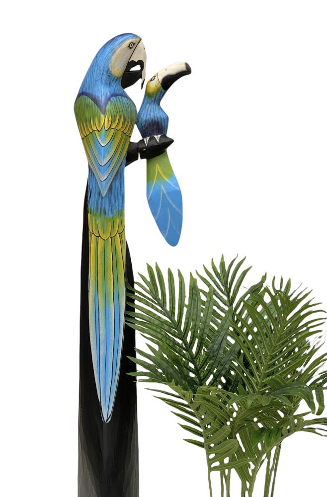 DanDiBo Deko Figur Papagei 2er Nr.45 Vogel aus Holz Skulptur Blau Gelb 98 cm Holzvogel Handgeschnitzt Stehend Tierfigur Schnitzskulptur