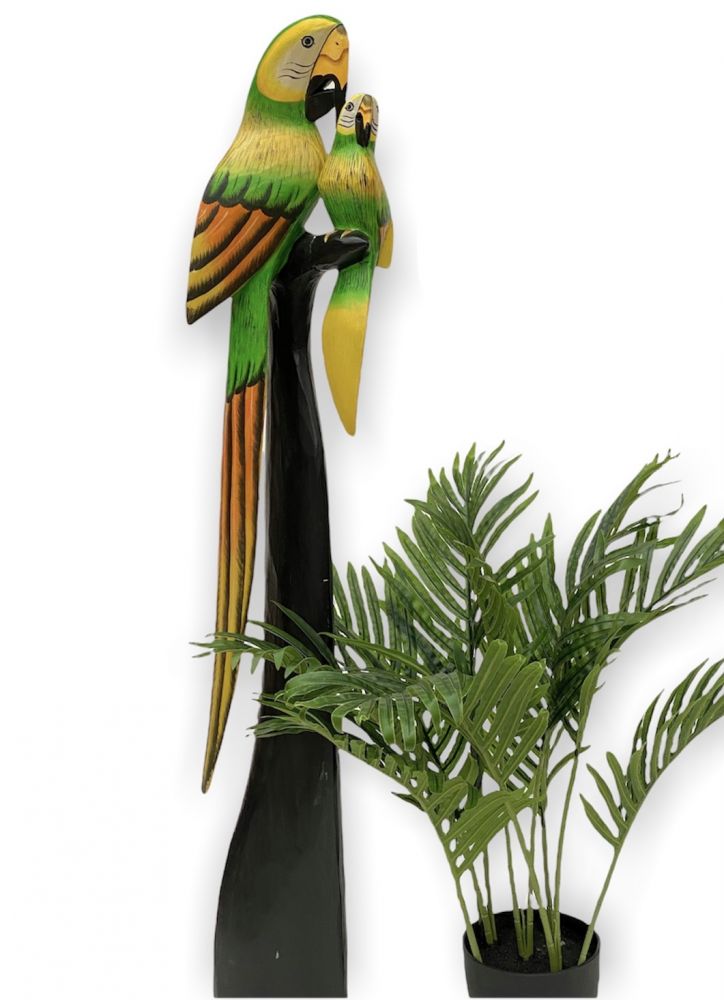 DanDiBo Deko Figur Papagei 2er Nr.47 Vogel aus Holz Skulptur grün Gelb 100 cm Holzvogel Handgeschnitzt Stehend Tierfigur Schnitzskulptur