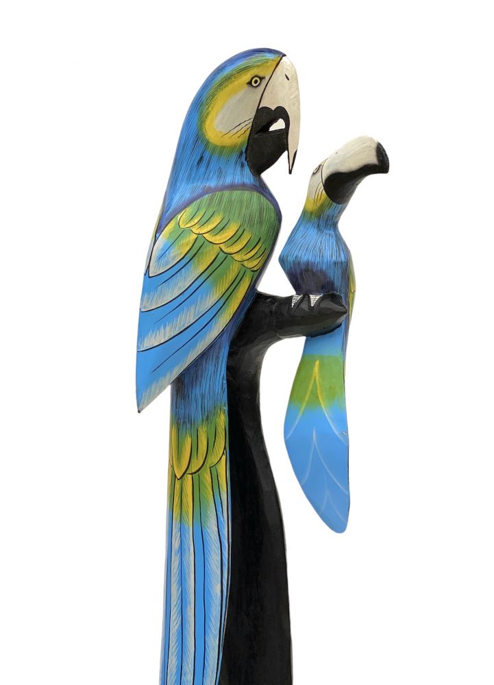 DanDiBo Deko Figur Papagei 2er Nr.48 Vogel aus Holz Skulptur Blau Gelb 101 cm Holzvogel Handgeschnitzt Stehend Tierfigur Schnitzskulptur