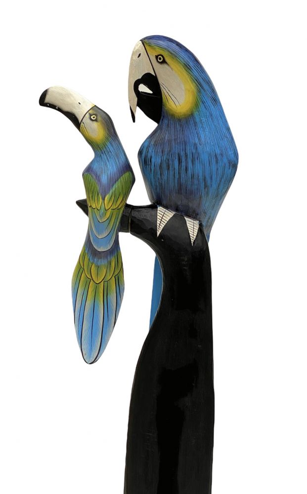 DanDiBo Deko Figur Papagei 2er Nr.48 Vogel aus Holz Skulptur Blau Gelb 101 cm Holzvogel Handgeschnitzt Stehend Tierfigur Schnitzskulptur