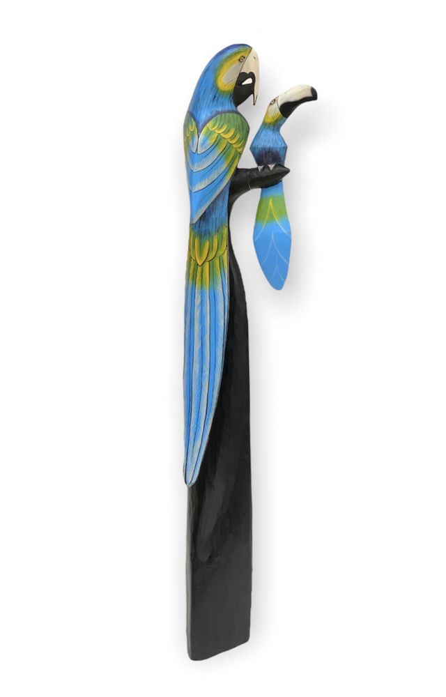DanDiBo Deko Figur Papagei 2er Nr.48 Vogel aus Holz Skulptur Blau Gelb 101 cm Holzvogel Handgeschnitzt Stehend Tierfigur Schnitzskulptur