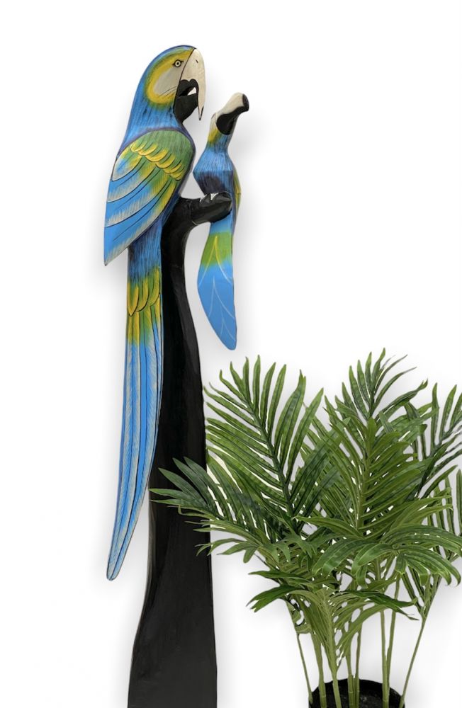 DanDiBo Deko Figur Papagei 2er Nr.48 Vogel aus Holz Skulptur Blau Gelb 101 cm Holzvogel Handgeschnitzt Stehend Tierfigur Schnitzskulptur