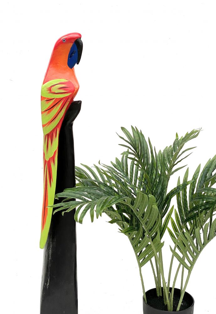 DanDiBo Deko Figur Papagei Nr.10 Vogel aus Holz Skulptur Rot Gelb 80 cm Holzvogel Handgeschnitzt Stehend Tierfigur Schnitzskulptur