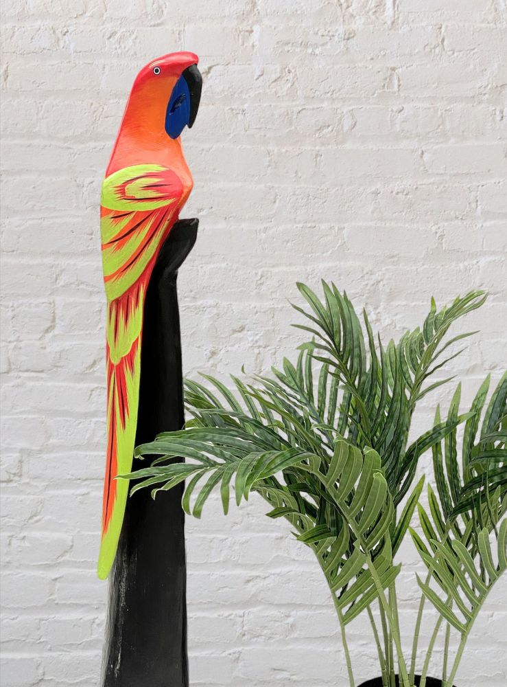 DanDiBo Deko Figur Papagei Nr.10 Vogel aus Holz Skulptur Rot Gelb 80 cm Holzvogel Handgeschnitzt Stehend Tierfigur Schnitzskulptur