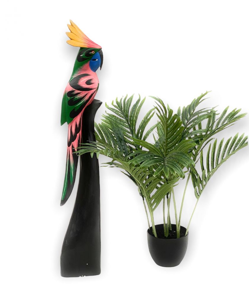 DanDiBo Deko Figur Papagei Nr.11 Vogel aus Holz Skulptur Grün Rosa 80 cm Holzvogel Handgeschnitzt Stehend Tierfigur Schnitzskulptur