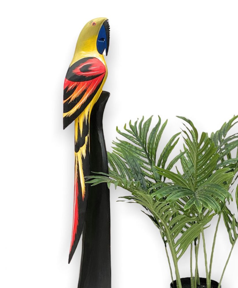DanDiBo Deko Figur Papagei Nr.12 Vogel aus Holz Skulptur Gelb Rot 80 cm Holzvogel Handgeschnitzt Stehend Tierfigur Schnitzskulptur
