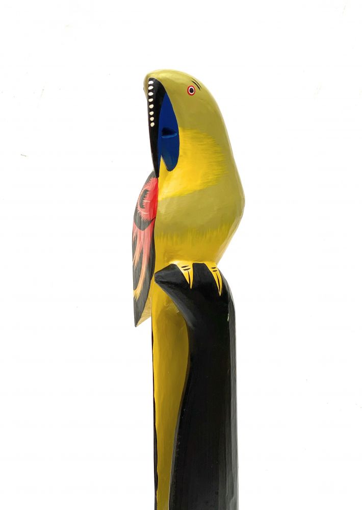 DanDiBo Deko Figur Papagei Nr.12 Vogel aus Holz Skulptur Gelb Rot 80 cm Holzvogel Handgeschnitzt Stehend Tierfigur Schnitzskulptur