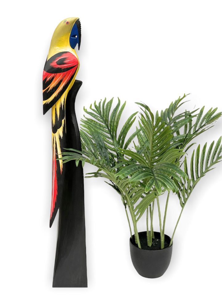 DanDiBo Deko Figur Papagei Nr.12 Vogel aus Holz Skulptur Gelb Rot 80 cm Holzvogel Handgeschnitzt Stehend Tierfigur Schnitzskulptur