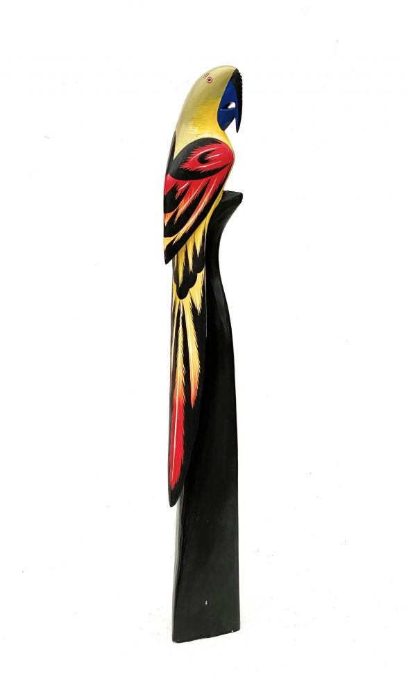 DanDiBo Deko Figur Papagei Nr.18 Vogel aus Holz Skulptur Gelb Rot 80 cm Holzvogel Handgeschnitzt Stehend Tierfigur Schnitzskulptur