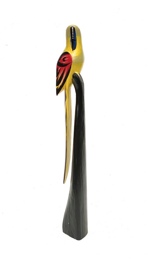 DanDiBo Deko Figur Papagei Nr.18 Vogel aus Holz Skulptur Gelb Rot 80 cm Holzvogel Handgeschnitzt Stehend Tierfigur Schnitzskulptur