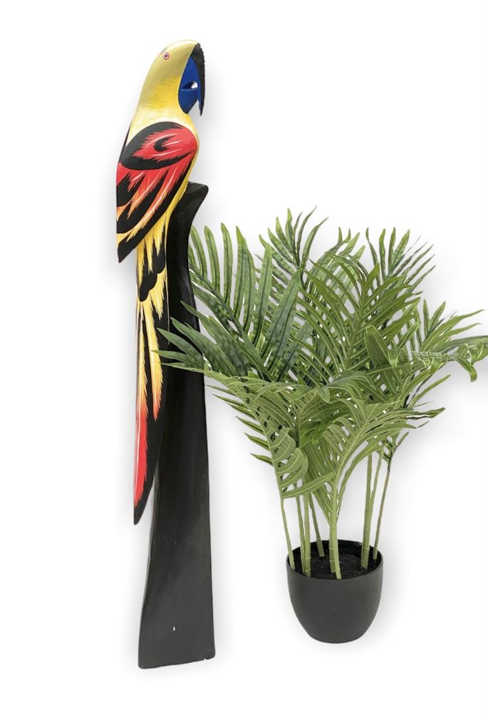 DanDiBo Deko Figur Papagei Nr.18 Vogel aus Holz Skulptur Gelb Rot 80 cm Holzvogel Handgeschnitzt Stehend Tierfigur Schnitzskulptur