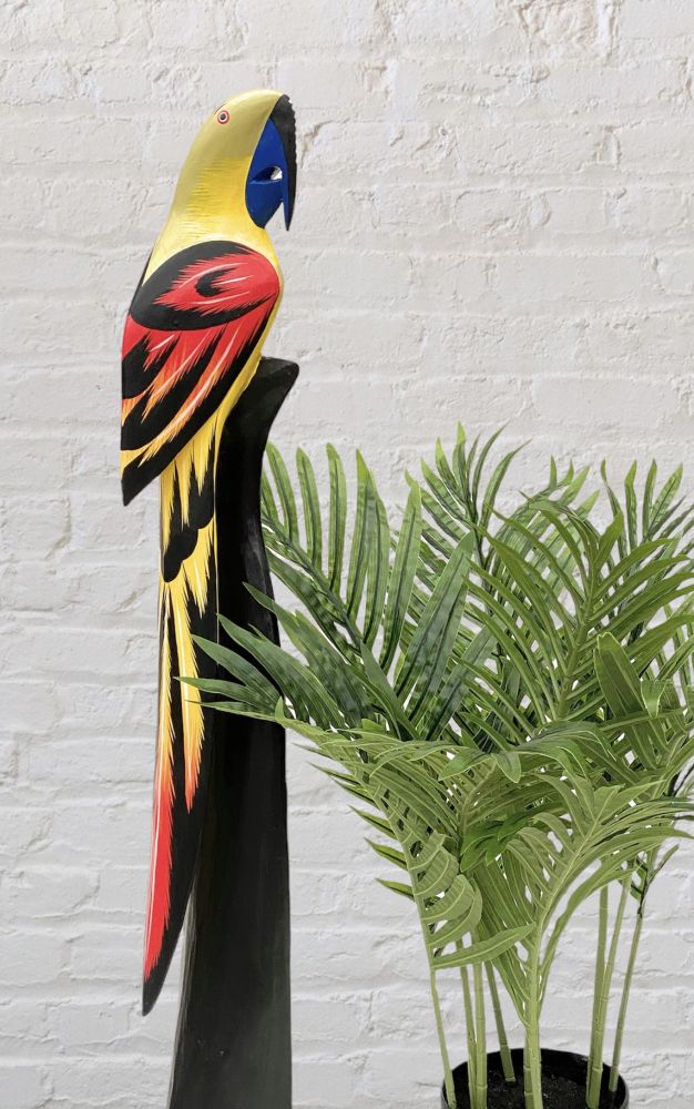 DanDiBo Deko Figur Papagei Nr.18 Vogel aus Holz Skulptur Gelb Rot 80 cm Holzvogel Handgeschnitzt Stehend Tierfigur Schnitzskulptur