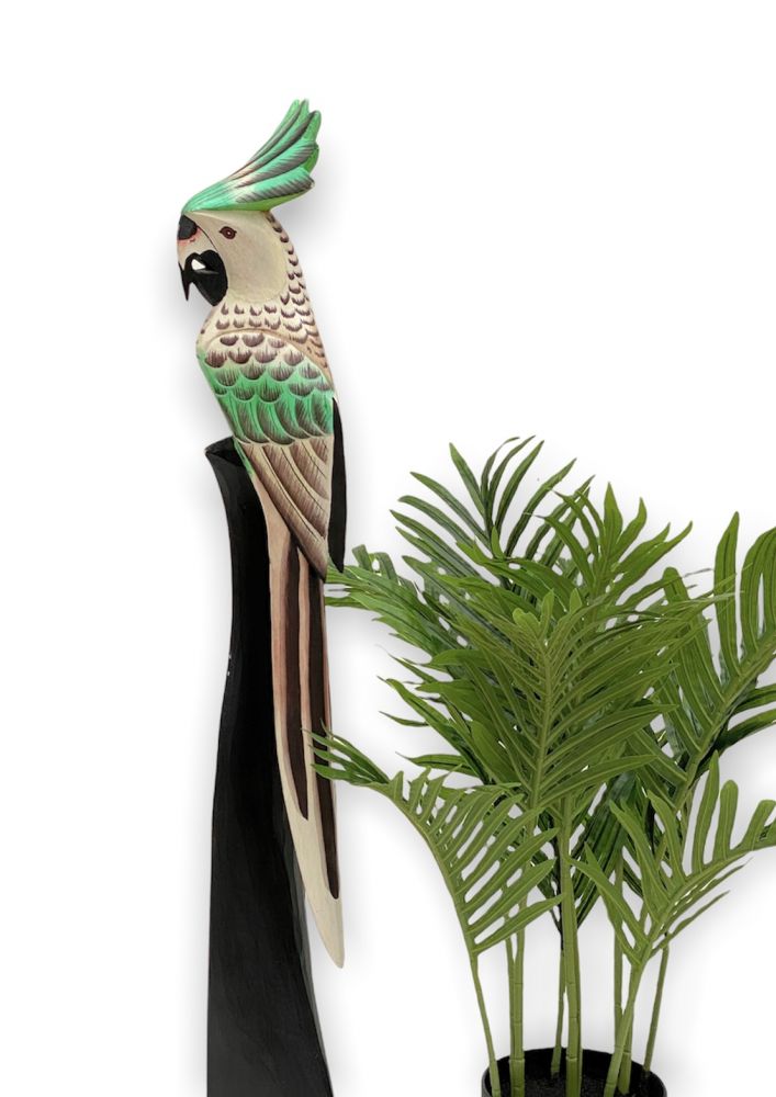 DanDiBo Deko Figur Papagei Nr.30 Vogel aus Holz Skulptur Grün Creme 80 cm Holzvogel Handgeschnitzt Stehend Tierfigur Schnitzskulptur