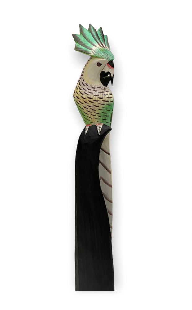 DanDiBo Deko Figur Papagei Nr.30 Vogel aus Holz Skulptur Grün Creme 80 cm Holzvogel Handgeschnitzt Stehend Tierfigur Schnitzskulptur