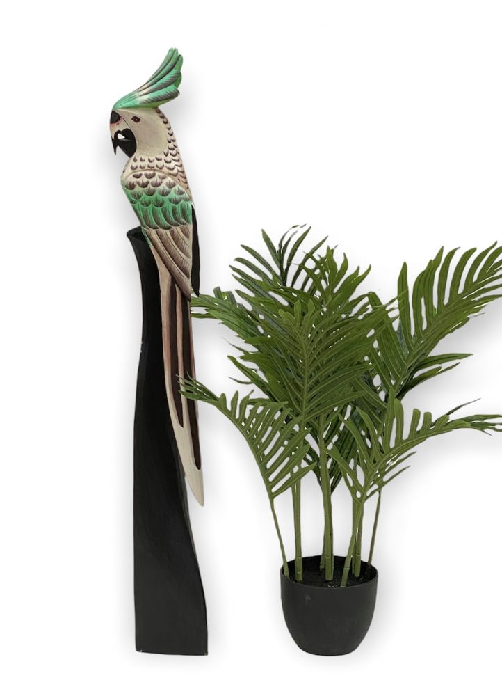 DanDiBo Deko Figur Papagei Nr.30 Vogel aus Holz Skulptur Grün Creme 80 cm Holzvogel Handgeschnitzt Stehend Tierfigur Schnitzskulptur