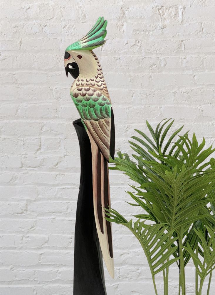 DanDiBo Deko Figur Papagei Nr.30 Vogel aus Holz Skulptur Grün Creme 80 cm Holzvogel Handgeschnitzt Stehend Tierfigur Schnitzskulptur