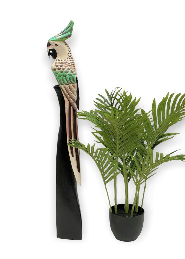 DanDiBo Deko Figur Papagei Nr.30 Vogel aus Holz Skulptur Grün Creme 80 cm Holzvogel Handgeschnitzt Stehend Tierfigur Schnitzskulptur