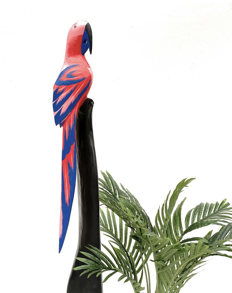 DanDiBo Deko Figur Papagei Nr.37 Vogel aus Holz Skulptur Rosa Blau 103 cm Holzvogel Handgeschnitzt Stehend Tierfigur Schnitzskulptur