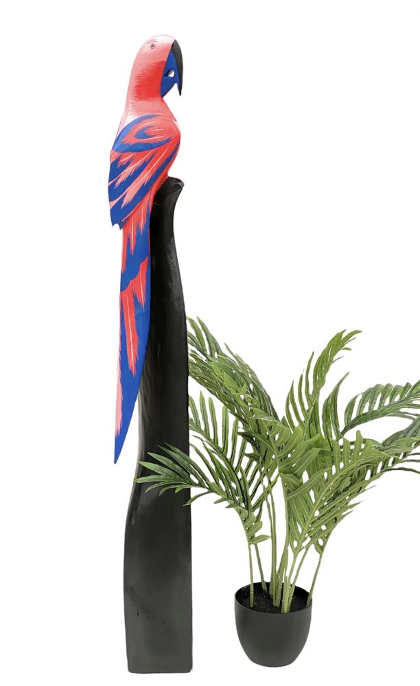DanDiBo Deko Figur Papagei Nr.37 Vogel aus Holz Skulptur Rosa Blau 103 cm Holzvogel Handgeschnitzt Stehend Tierfigur Schnitzskulptur
