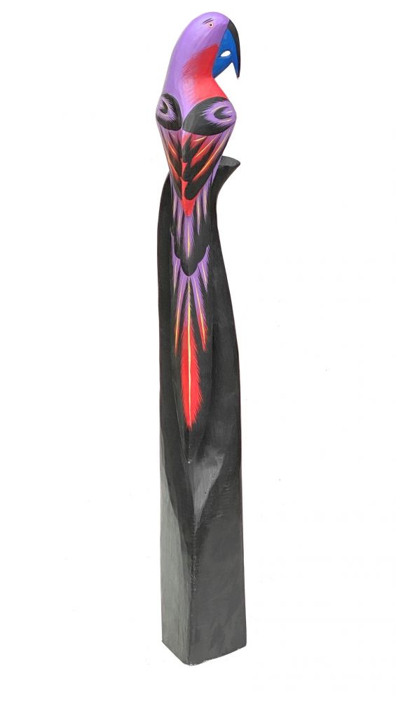 DanDiBo Deko Figur Papagei Nr.38 Vogel aus Holz Skulptur Violett Rot 100 cm Holzvogel Handgeschnitzt Stehend Tierfigur Schnitzskulptur
